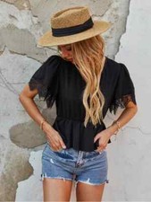 camicia maglia donna camicetta canotta canottiera pizzo nero corta 72606