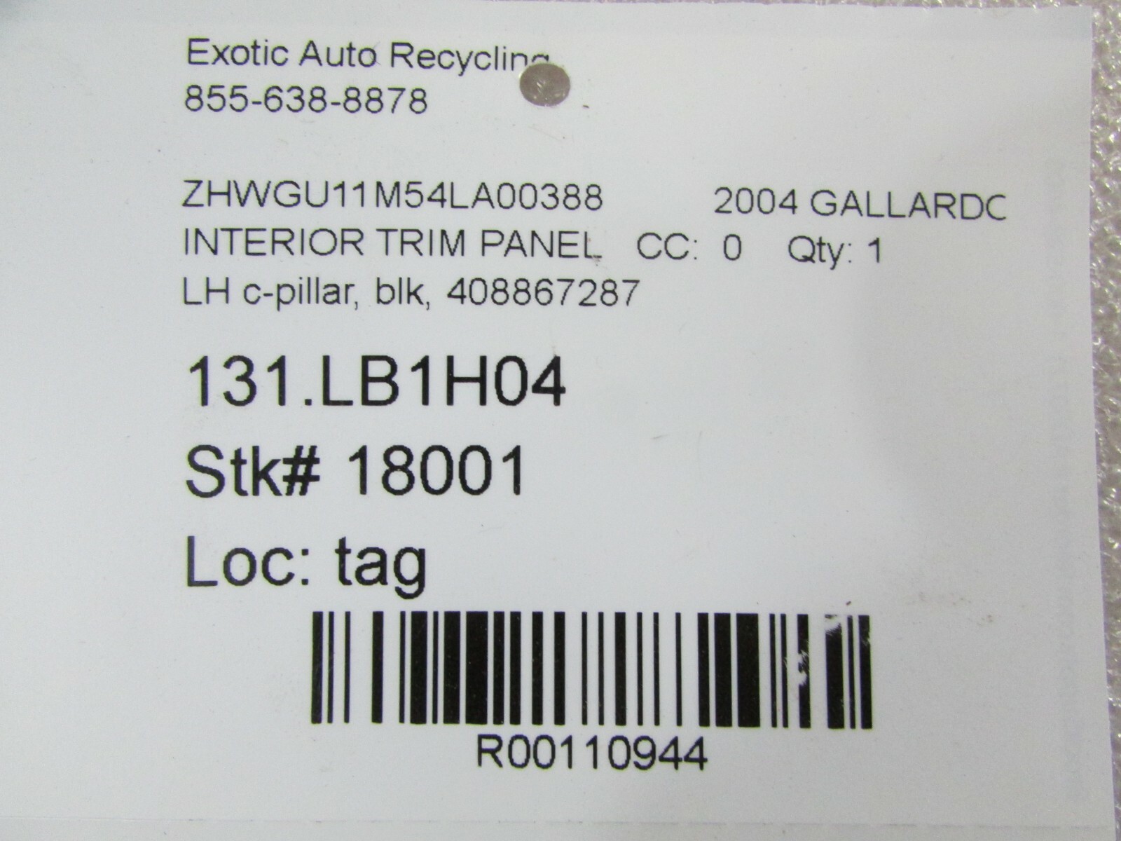 Lamborghini Gallardo, LH, Left Quarter Window Trim Panel, Used, P/N 408867287
