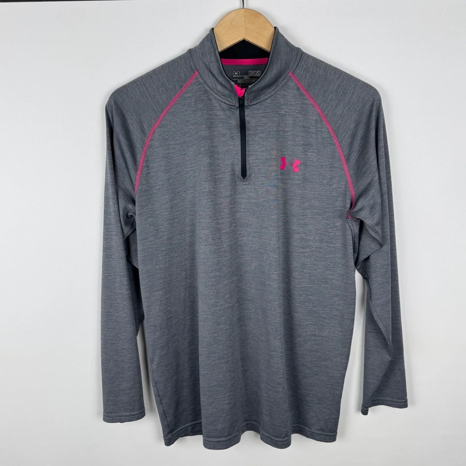 Under Armour Heat Gear 1/4 Cremallera Gris Con Borde Rosa Talla Mediana Foto 2 de 4