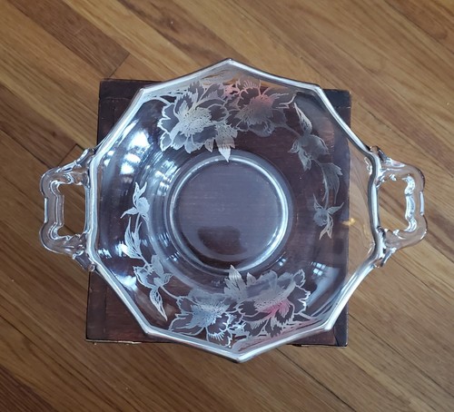 Schöne Vintage Rockwell Pfingstrosen Muster Glas Silber Überfang Spitzrand Schale - Bild 2 von 9