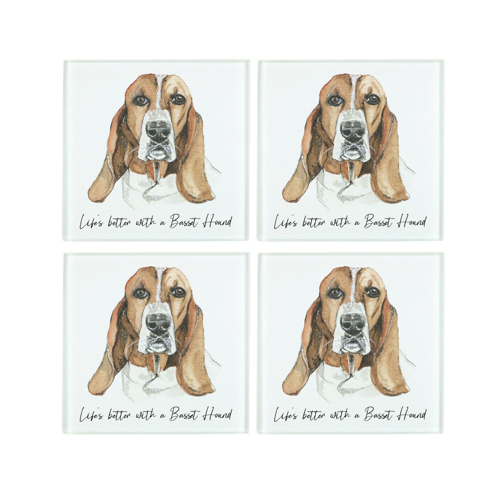 Basset Hound Coaster Set - Life's Better With a Dog Glass Coasters Gift