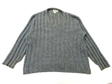 Vintage LL Bean V Neck Sweater Large Gray Ribbed Wool Silk Fisherman Made in USA