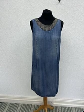 Lina Tomei Dress Size M 12 14 Denim Beaded Neckline Made in Italy Holiday