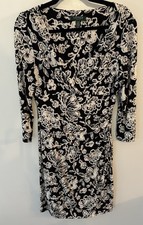 Lauren Ralph Lauren Dress Size 8 Vneck Ruched 3/4 Sleeve Black/White Floral Work