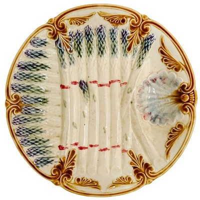 Antique French Barbotine Asparagus Plate With Scalloped Sauce Well 9.75'' dia