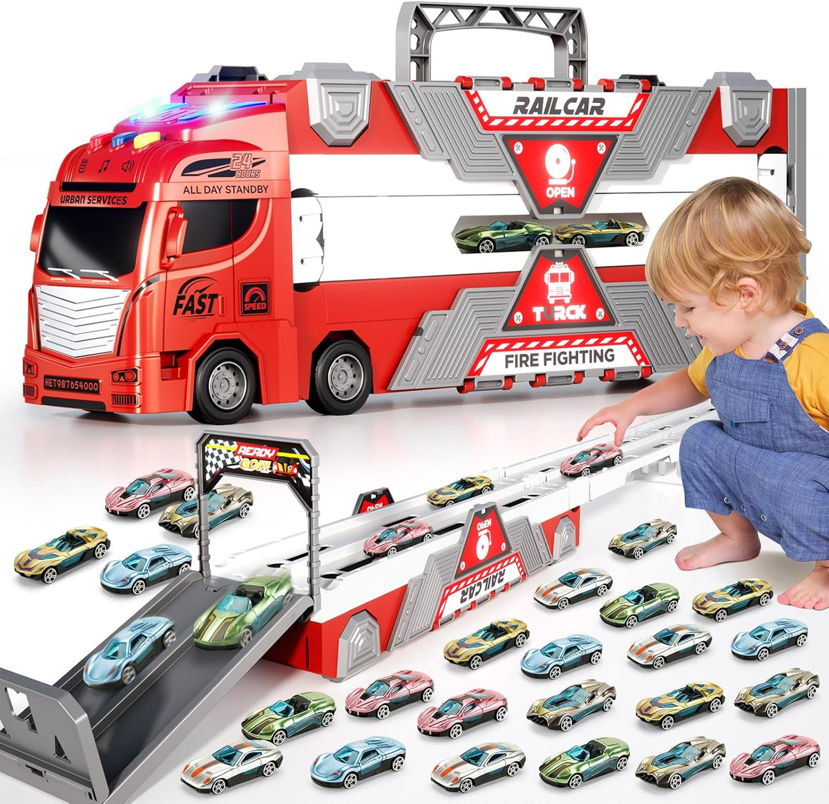 65-Inch Race Car Tracks and 20 Car Toys for Toddlers Boys Kids 1-3 4-7, Toy  Truc