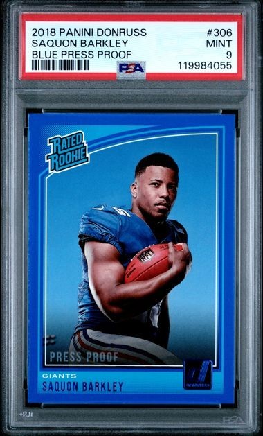2018 Panini Donruss Saquon Barkley #306 Rated Rookie Blue Press Proof PSA 9 (RC)