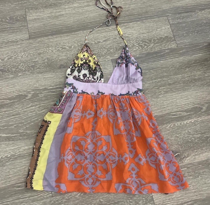 Vibrant multi-coloured patchwork halter 100% silk… - image 4