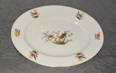 Vintage Bohemia Eaton Bird Oval Platter Czech-Slovakia Porcelain Gold Rim Floral