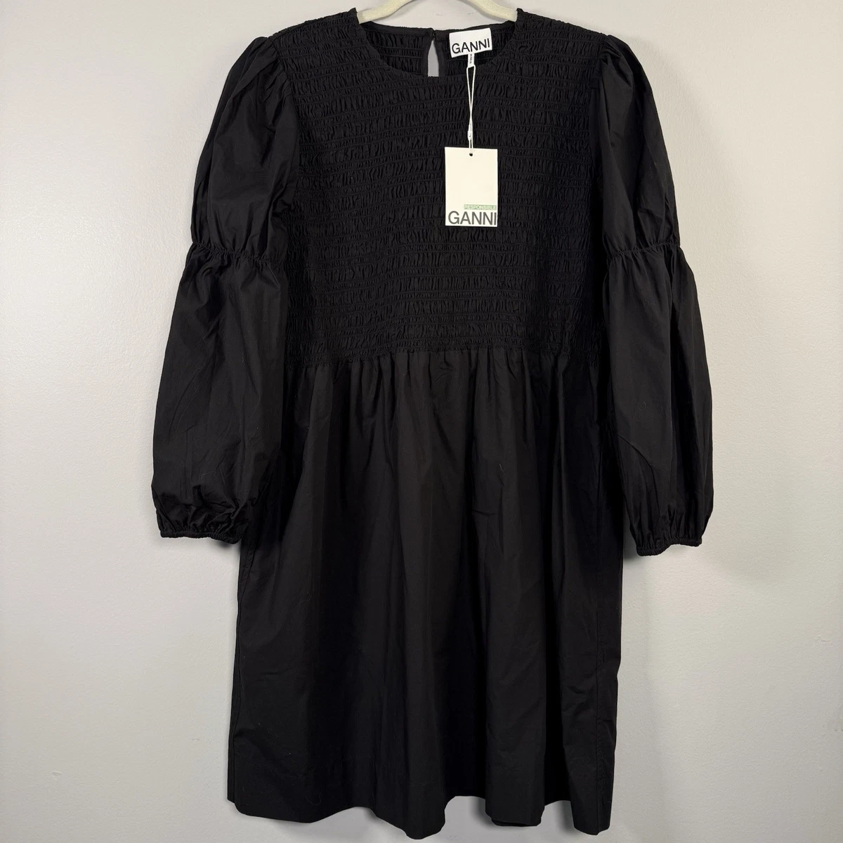 white christmas dresses GANNI BLACK COTTON POPLIN GATHERED U-NECK MINI DRESS main image 1