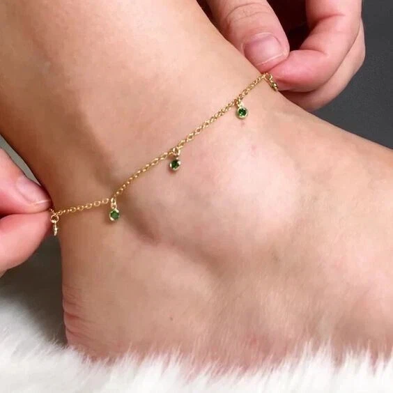 3CT Round Cut Lab Created Emerald Women's Chain Anklet 14K Yellow Gold Finish - Imagem 2 de 3