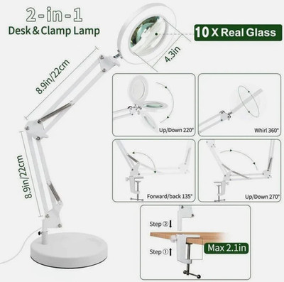 10x Magnifying Glass Desk Light Magnifier LED Lamp Reading Lamp With Base& Clamp