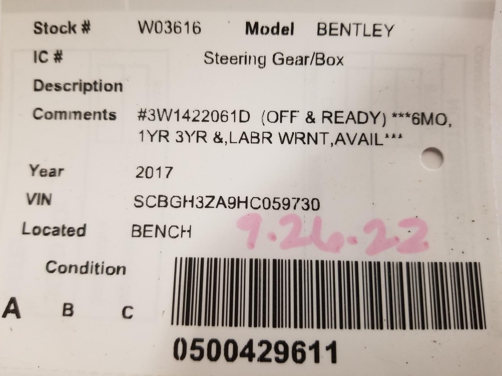 Used Rack and Pinion Assembly fits: 2017 Bentley CONTINENTAL GT  Grade A