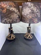 Pair Rustic Antler Table Lamps w/ Camouflage Shades Cabin Lodge Decor