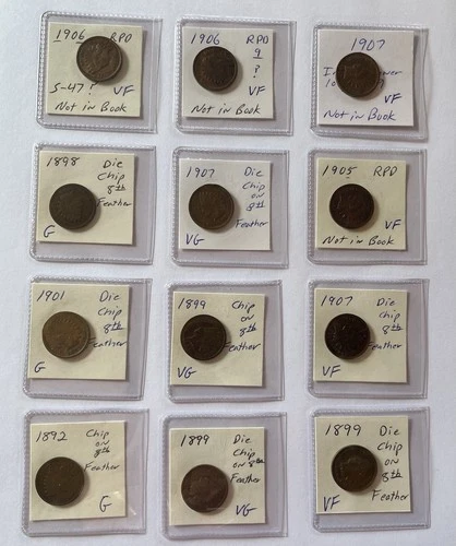 Indian Head Small Cent Lot 1892-1907 Die Chip RPD Varieties VF VG G Grades