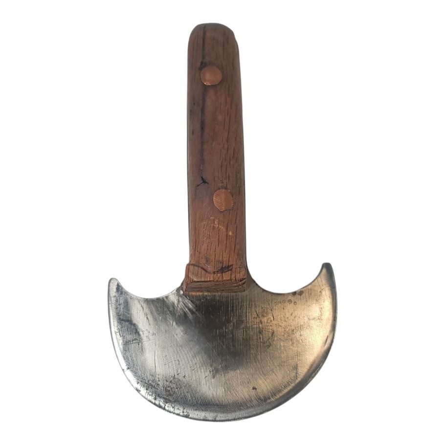 Vintage Handmade Leather Round Knife – 3.5" Head, Oak Handle, Brass Pins, 7" M37