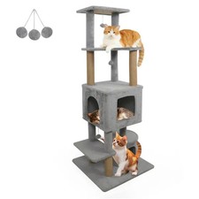 Light Gray Cat Tower – Plush Perches, Scratching Posts & Dangling Balls