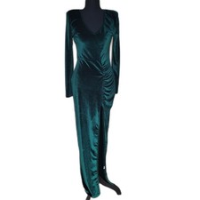 Fashion Nova Emerald Green 90s Velvet Long-Sleeve Maxi Dress Ruched High Slit M