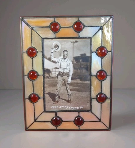 VTG Tiffany Style Stained Glass Picture Frame Iridescent Amber For 4”x6” Photo