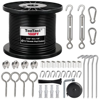 TooTaci 1/8'' Wire Rope Kit, 100FT 100FT-1/8 Black Vinyl Coated Cable, 