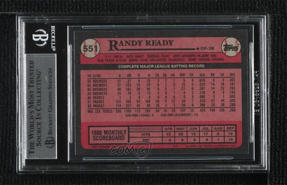 BAS 1989 Topps Randy Ready #551 BGS Authentic Auto - Image 2 of 2