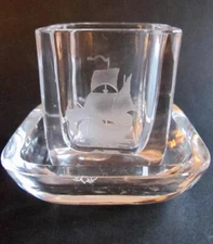 Crystal Cigarette Jar Vase & Ashtray Etched Sailing Ship on both Pieces - a Set