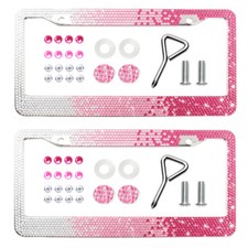 2x Bling Car License Plate Frame Crystal Rhinestone Tag Cover Gradient Pink Lady