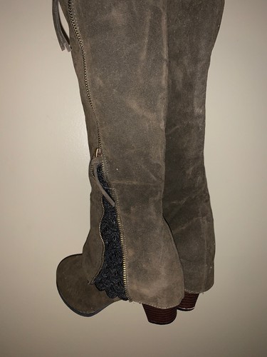 Echtleder Wildleder Spitze Reißverschluss Oliv Knie Stiefel J CREW Unregelmäßige Auswahl Größe 9,5 - Bild 10 von 10