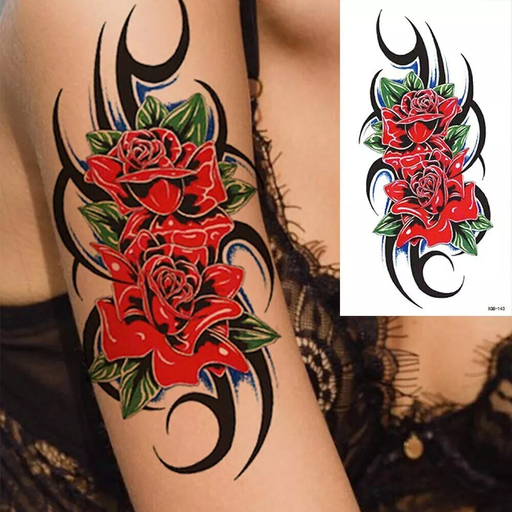 Black Tribal and Two Red Roses Tattoo Fake Press Sticker Women Mens Sleeve Arm