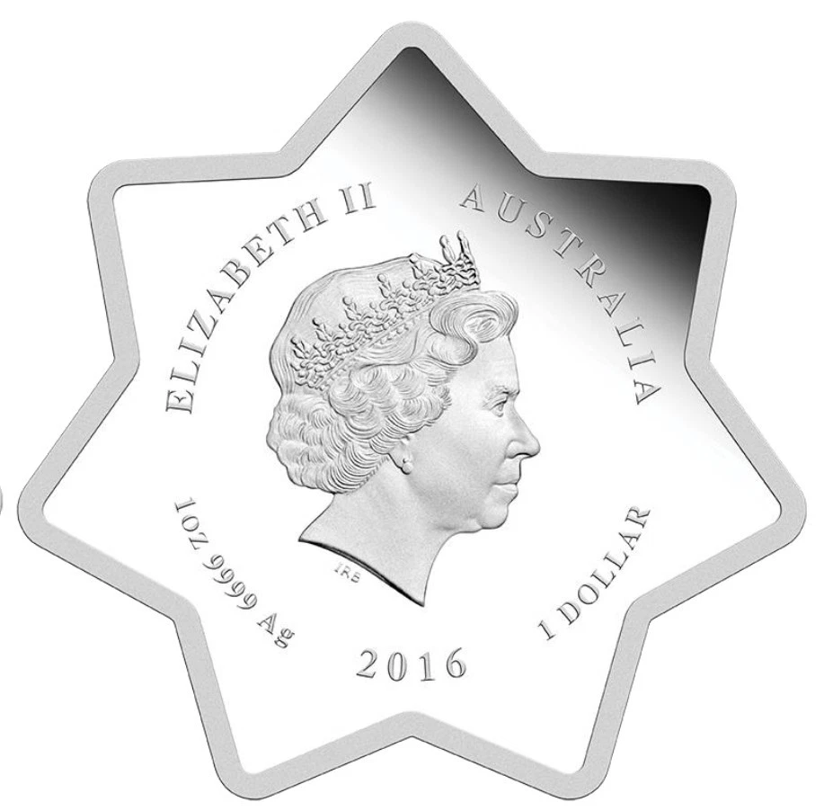 Moneda de 1 dólar Australia Christmas Tree 2016 1 oz de plata en forma de estrella a prueba Foto 2 de 4