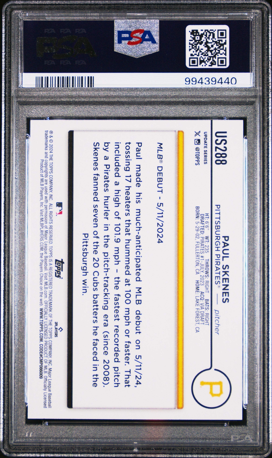 Graded 2024 Topps Update Paul Skenes #US288 Rookie RC Baseball Card PSA 10 view 2