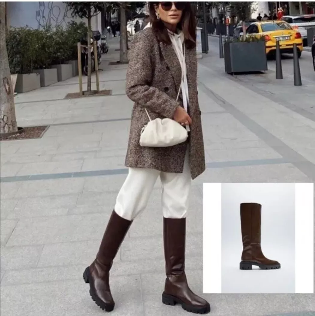 Light brown knee top high boots outfits
