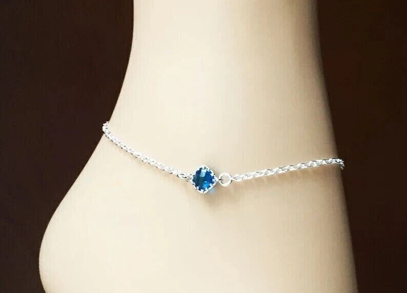 1Ct Round Blue Lab-Created Sapphire Anklet Cuban Rope 9 in 14K White Gold Plated - Image 3 of 4