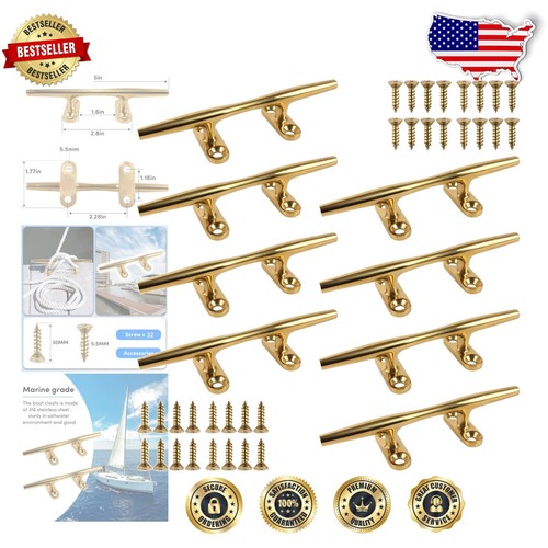High-Polished 6 Inch Brass Dock Cleats - Open Base Cleat with Fasteners (8 Pack)