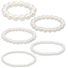 5 Pcs White Pearl Bracelets for Women, White Stretch Bridesmaid Pearl Bracele...
