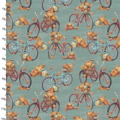 Pumpkin Please Fall Bikes Turquoise Cotton Fabric