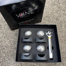Stainless Steel Golf Balls (4) Whiskey Chillers, Bases & Tongs Wine Savant Brand