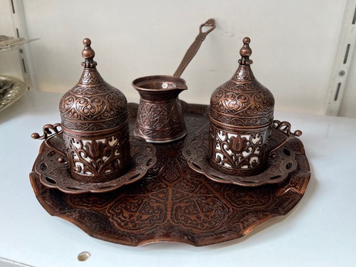 Turkish Greek Arabic Coffee Set, Turkish Coffee Cups , Copper Coffee Pot, Tray - Picture 13 of 16