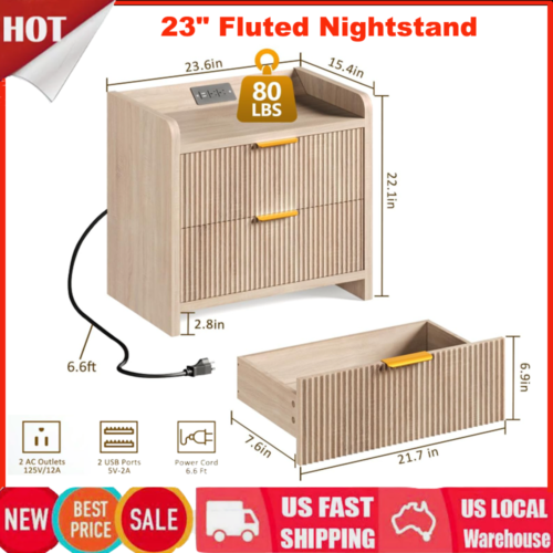 23" Modern Fluted Nightstand End Table with Charging Station& 2 Drawers