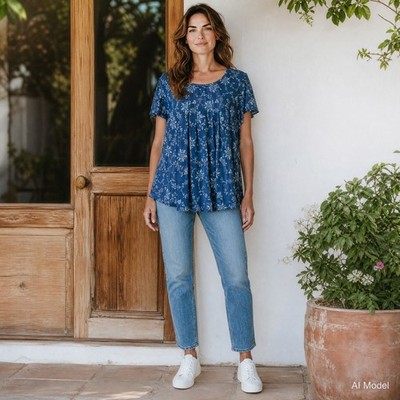 Timeson Floral Mesh Blouse Womens Large Blue Pleated Flutter Sleeve Top