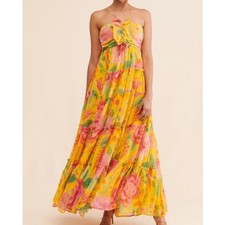 Farm Rio dress macaw bloom yellow tiered strappy floral small wedding guest maxi