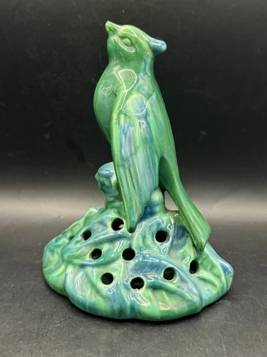 Vtg Royal Haeger Green Blue Agate Drip Glaze Bird Looking Upward Flower Frog