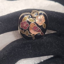 Vintage Cloisonne Enamel Apple Pendant Bird Floral Black Gold Tone Charm