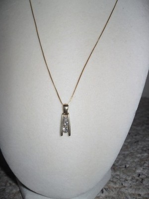 14K Gold zarte Box Kette 18'' Halskette + 14K Anhänger 3 weiße farblose Edelsteine
