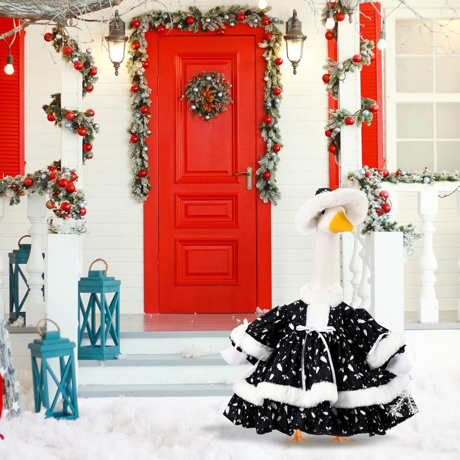 Winter Goose Outfit Fancy Porch Goose Clothes Dress with Wide Hat for Winter Out