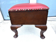ANTIQUE VINTAGE RED LEATHER FOOT STOOL SEWING BOX & CABRIOLE LEGS