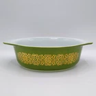 Vintage Promo 1966 Pyrex Green Bramble Gold Scroll 043 Oval 1-1/2 Qt. Casserole