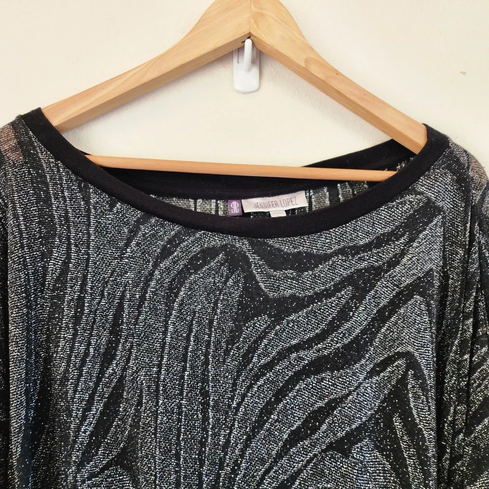 Jennifer Lopez Black Metallic Sheer Long Slv Top Glam Old Money Lux  Wimsy 3X - Image 4 of 4