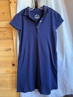 Primary Girls Shirt Dress - Navy Solid Knit Cotton, Collared, Short Sleeve, 10