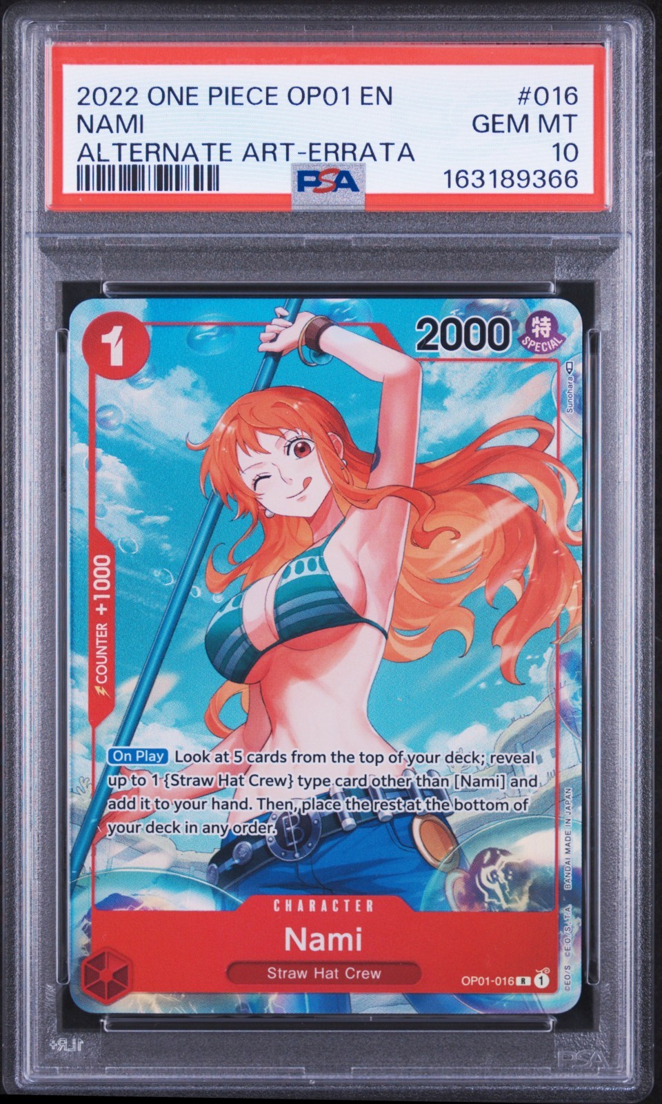 2022 ONE PIECE OP01-ROMANCE DAWN ALTERNATE ART-ERRATA #016 NAMI PSA 10